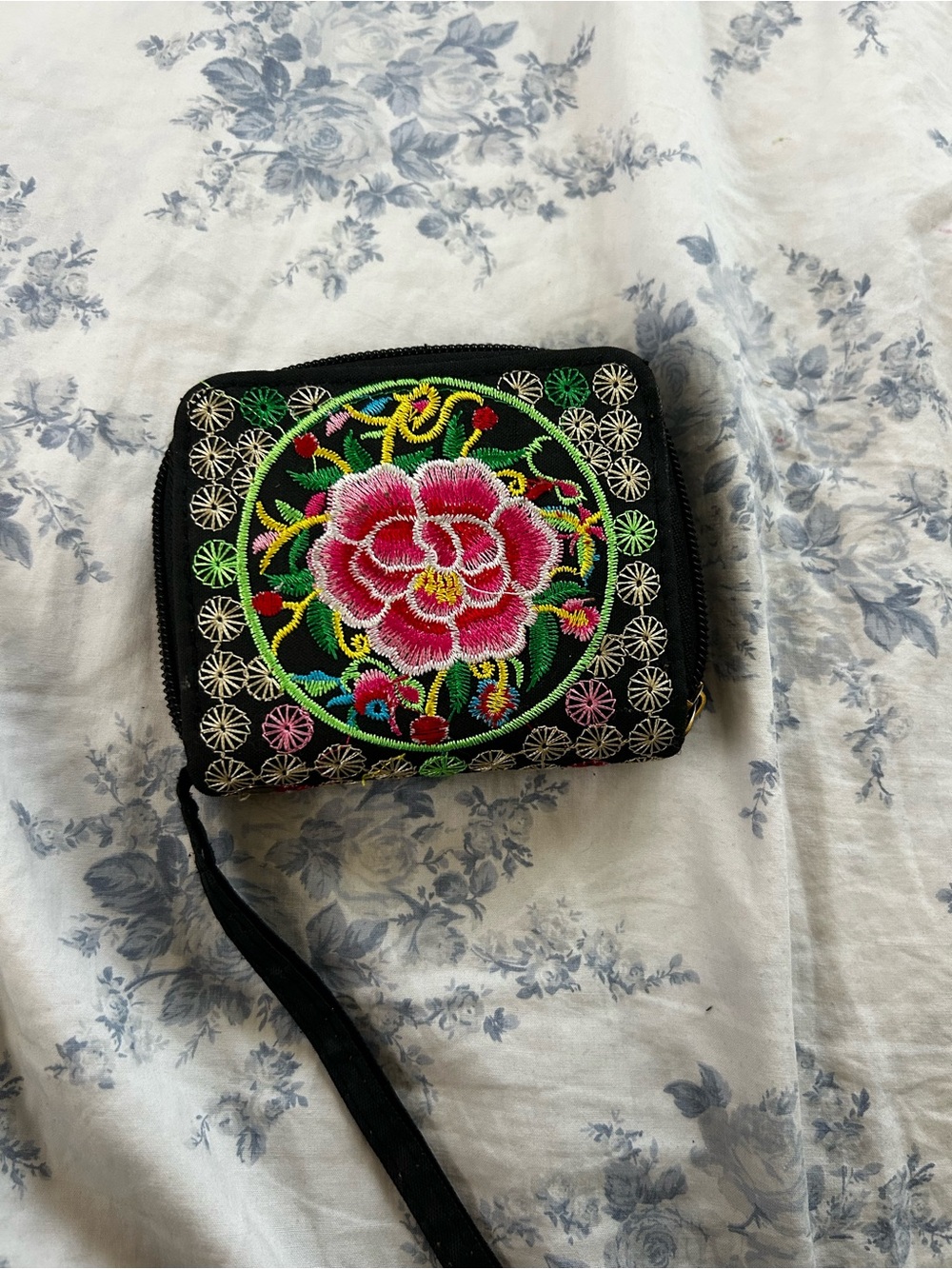 Embroidered Floral Zip Wristlet Wallet - Black with Pink Flower